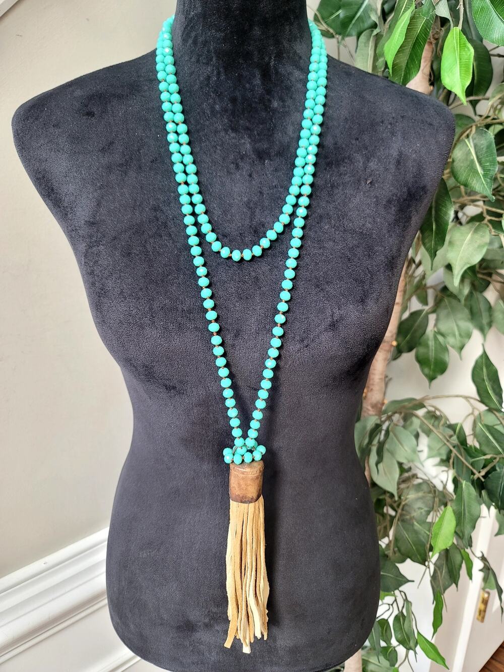 Turquoise Blue Beaded Long Tassel Necklace Boho Statement Jewelry
